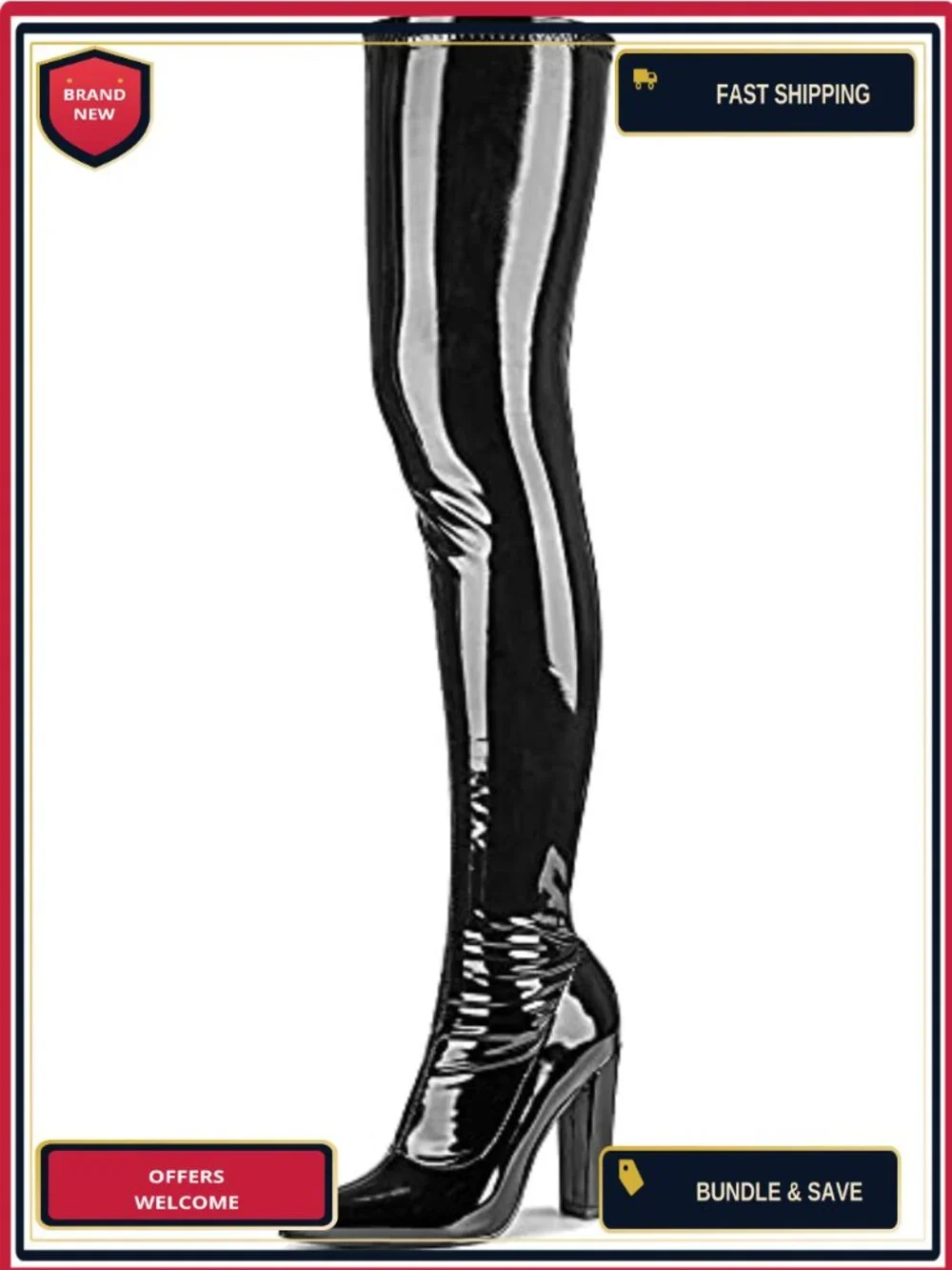 Over Knee Thigh High Boots Women Patent Leather 70s Chunky Heel Pointed Toe